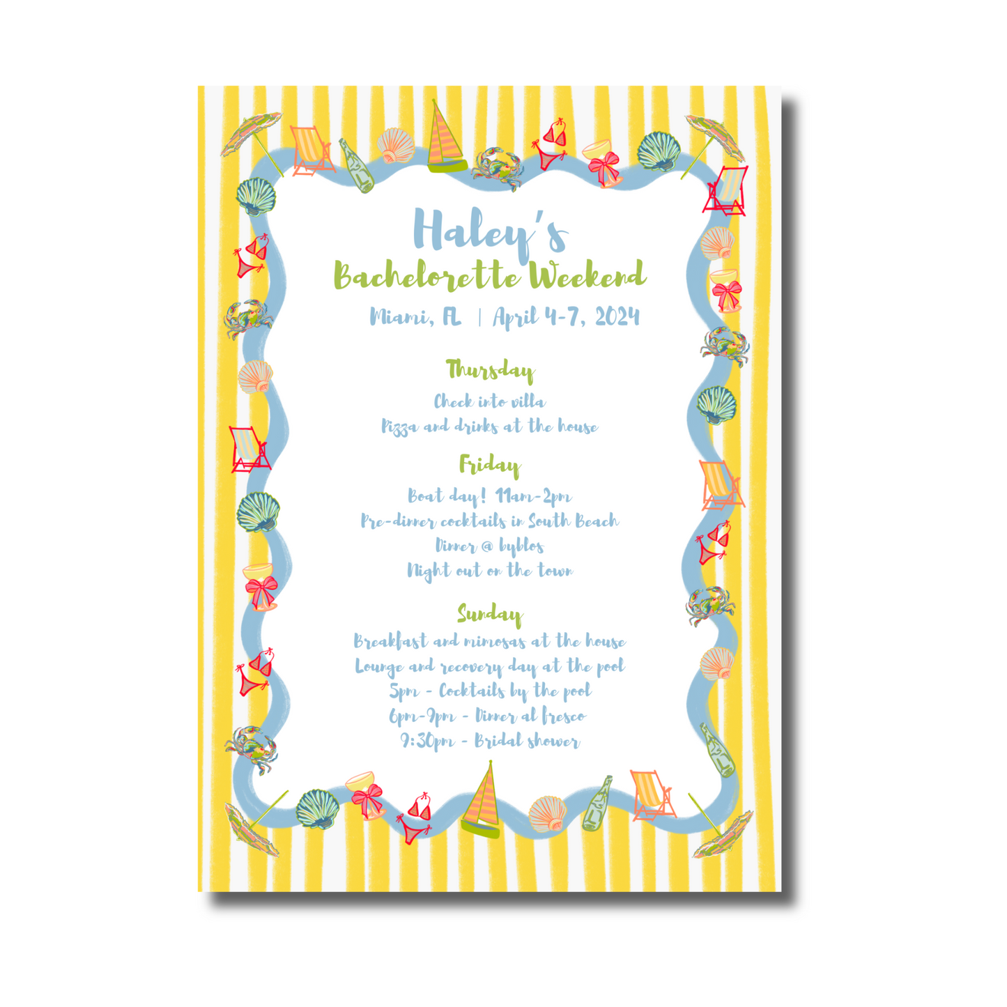 Yellow Stripe Beach Bachelorette Itinerary