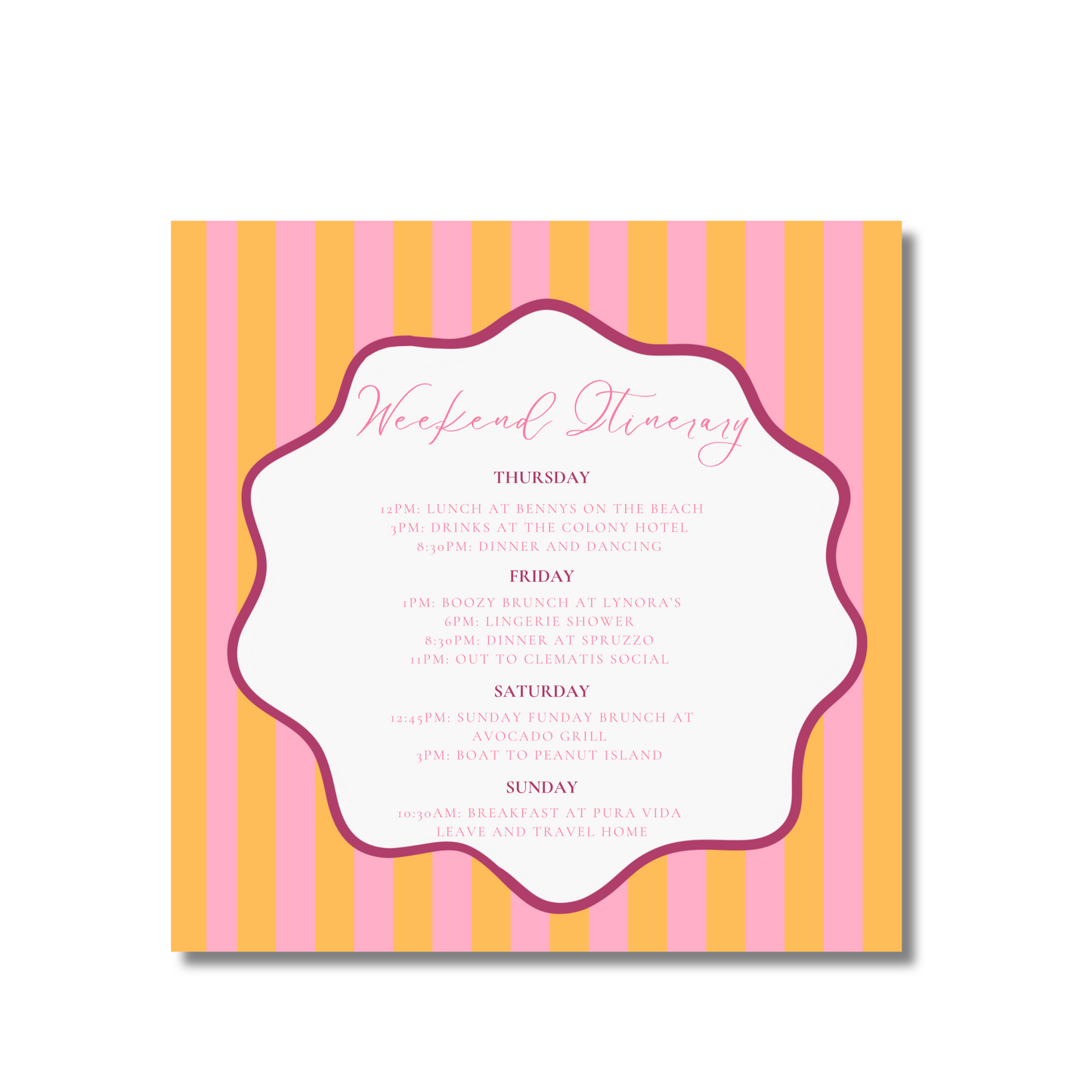 Pink and Orange Stripe Bachelorette Itinerary